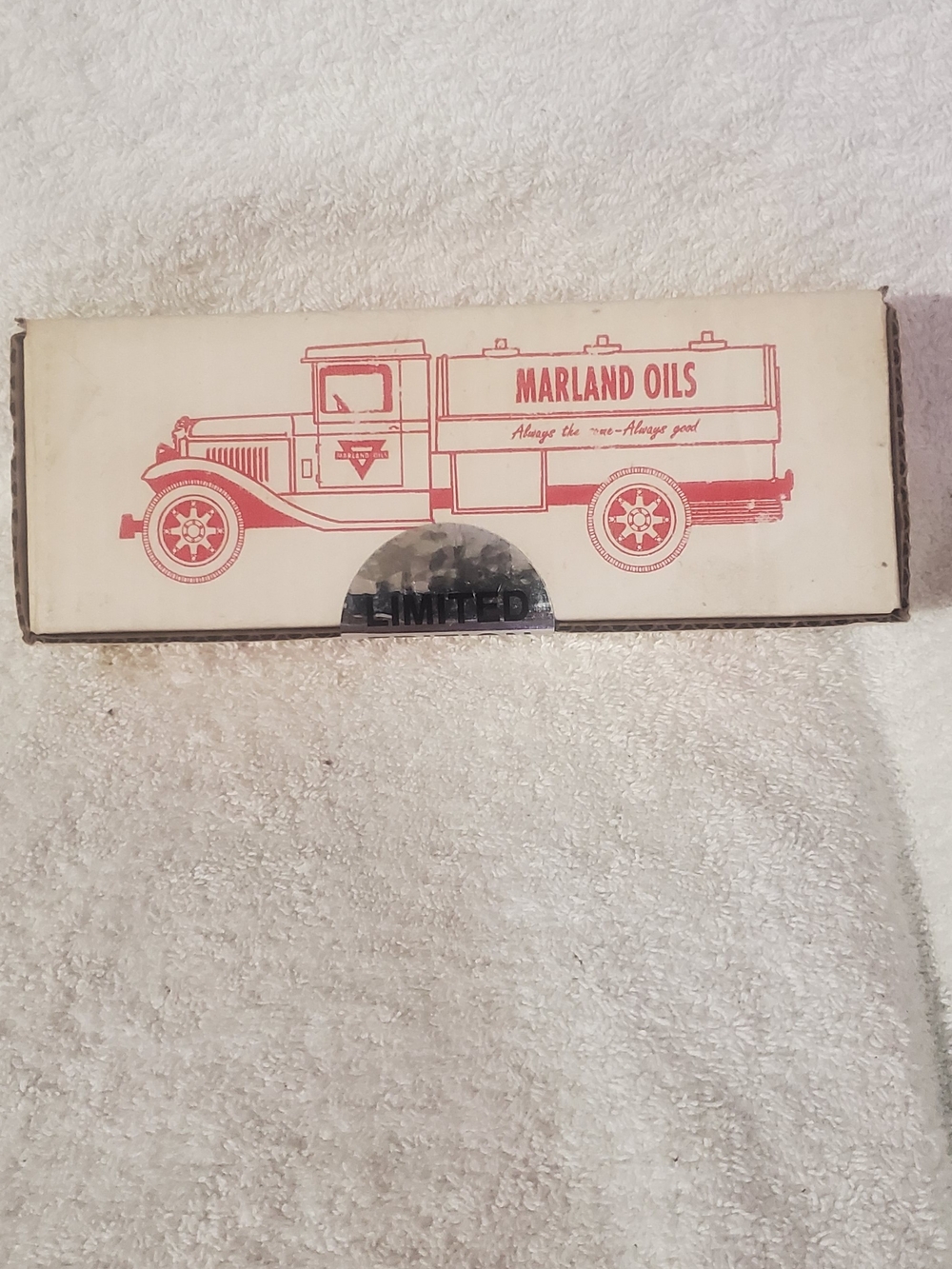 Source Unknown Marland Oils Cream and Red Toy Truck Box